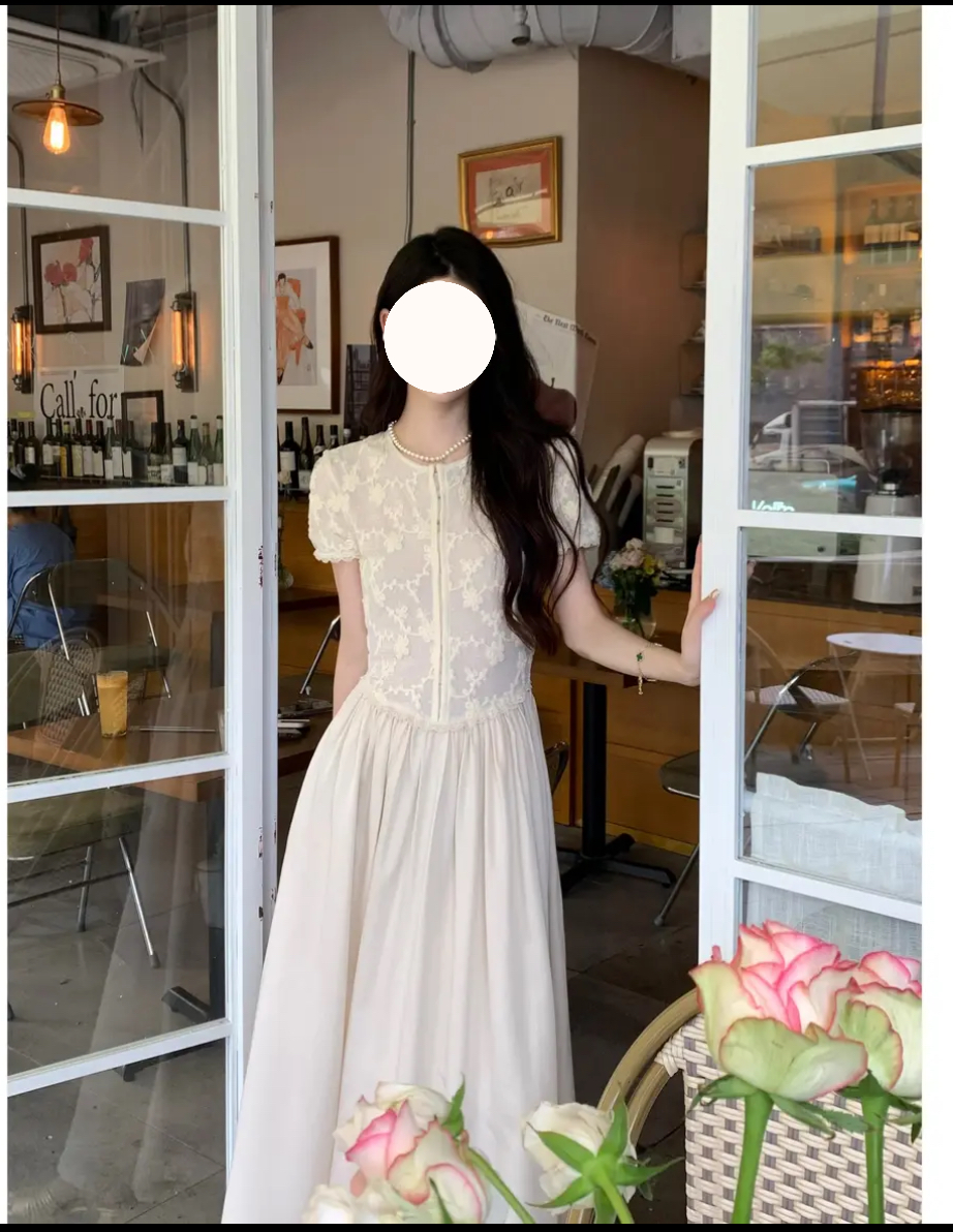 KUN大气新中式 立体蕾丝雕花盘绣拼接天丝连衣裙气质法式