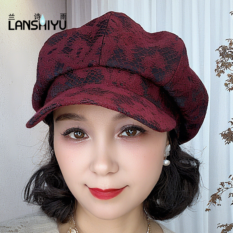 兰诗雨秋冬时尚八角贝雷帽立体提花百搭气质韩版褶皱帽子女