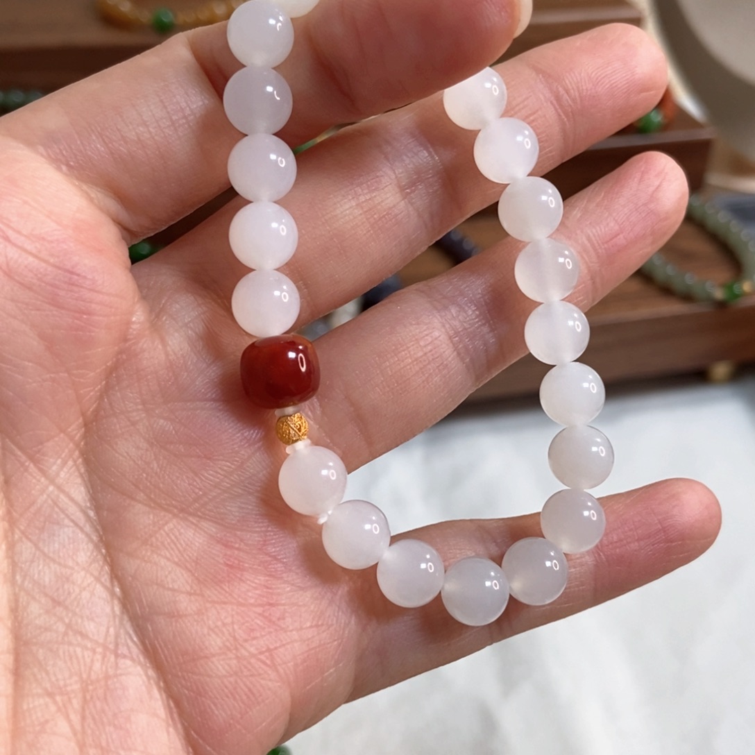 和田玉手链18K金镶嵌8mm白玉精品