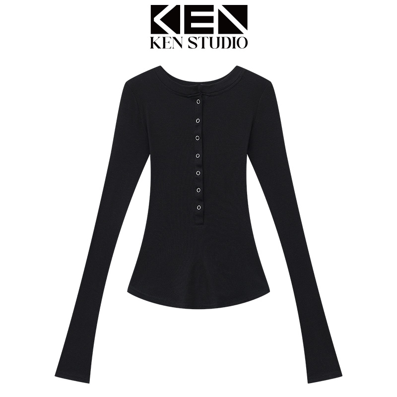 KEN STUDIO秋冬新款黑色长袖T恤女多纽扣修身显瘦打底衫内搭上衣