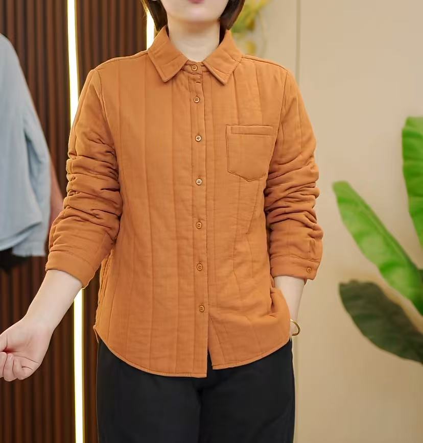 2025冬季新款翻领纯色夹棉绗线棉衬衫保暖休闲百搭棉上衣女