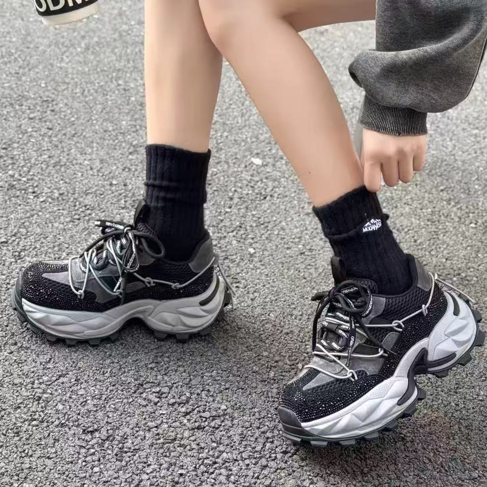 C9589 黑色  时尚圆头2025新款系带厚底老爹鞋女休闲鞋