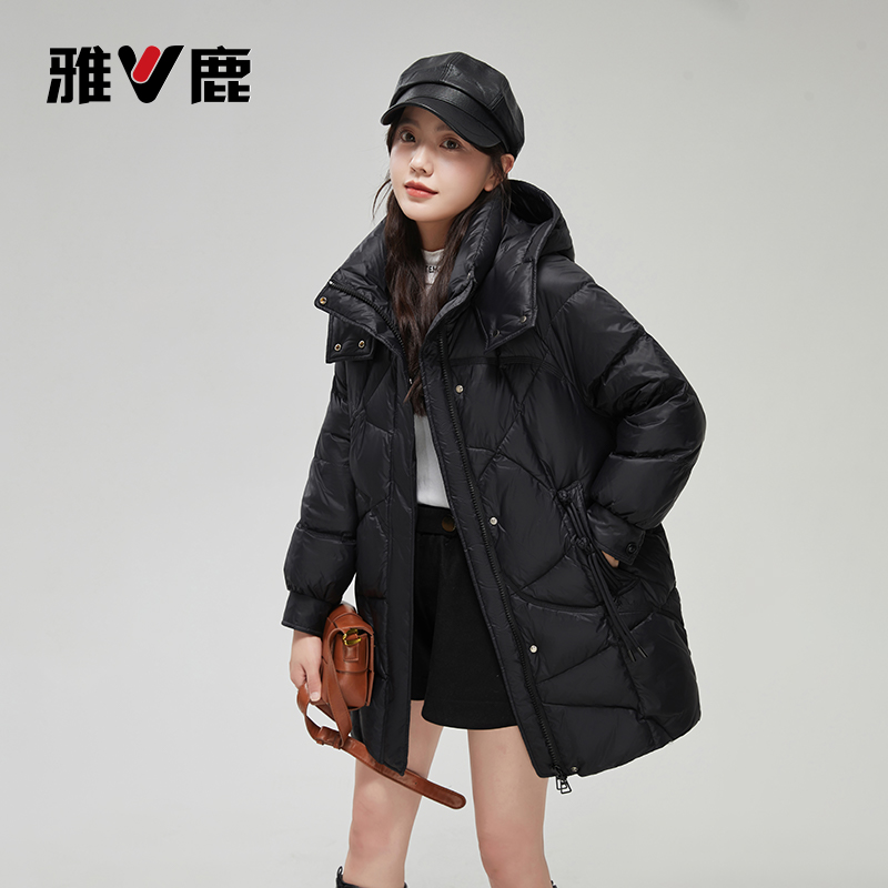 V/雅鹿【国风盘扣】新款羽绒服女中长款时尚连帽白鸭绒保暖外套