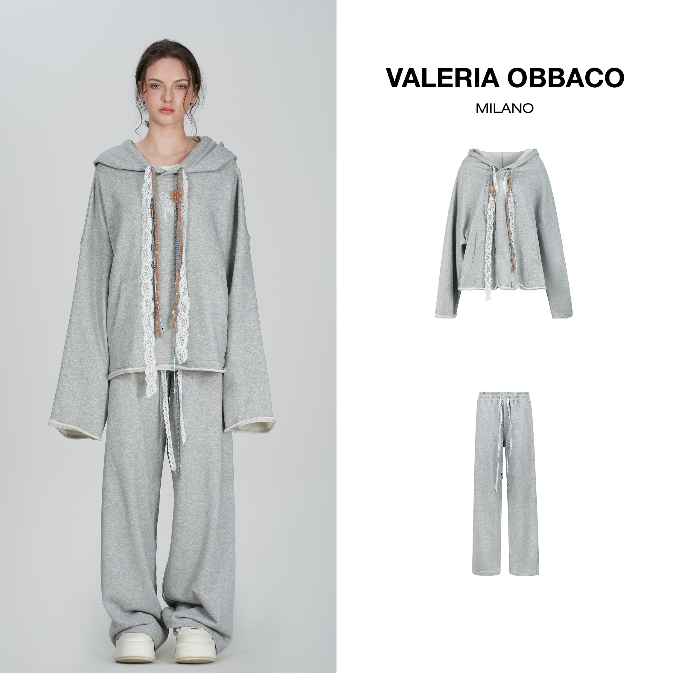 VALERIA OBBACO 连帽休闲VO灰色蕾丝抽绳帽衫2025秋冬新款卫衣