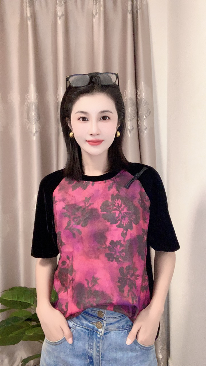 春夏新款时尚百搭气质高雅印花丝绒拼接短袖