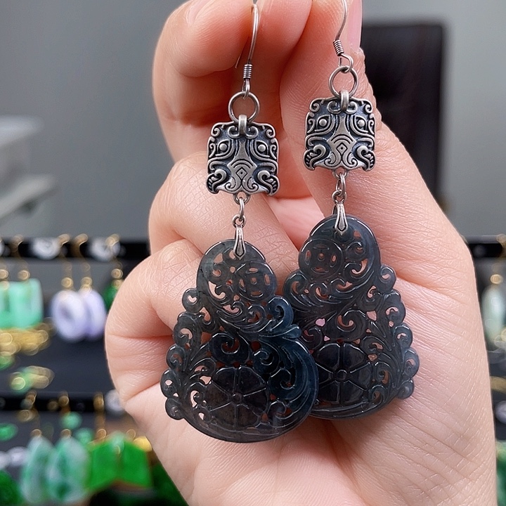 翡翠耳饰银S925镶嵌饰品