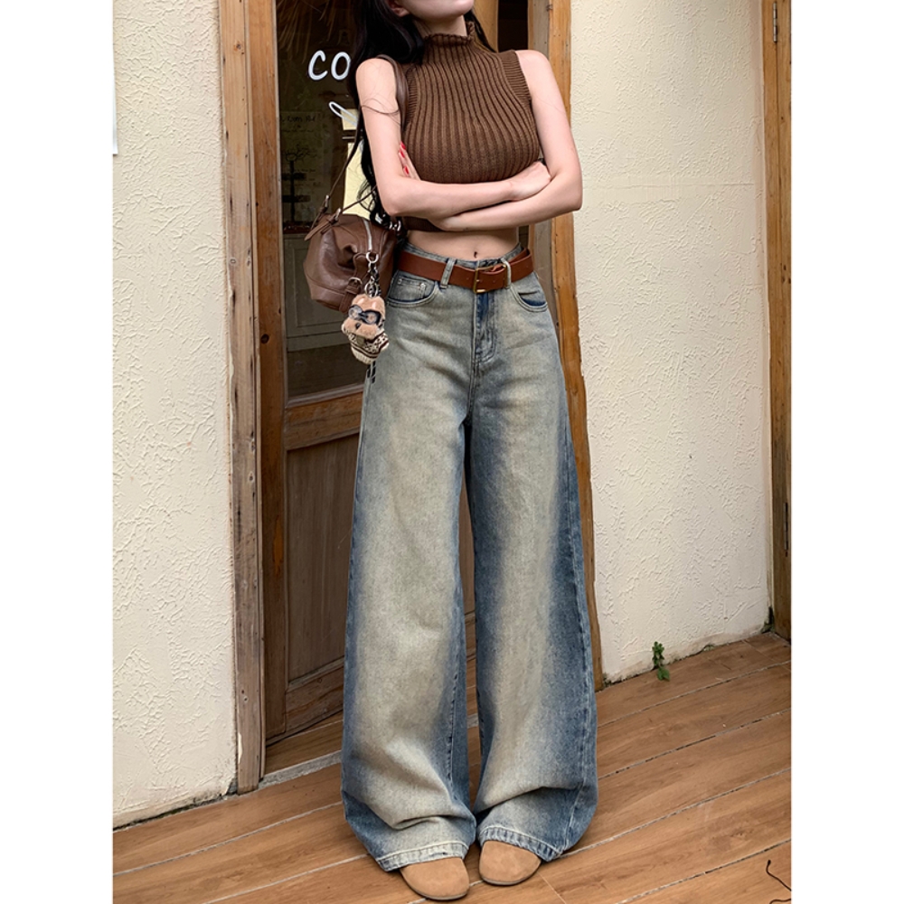 【送腰带】美式做旧晕染阔腿牛仔裤2025秋季新款高腰宽松垂感脏脏裤