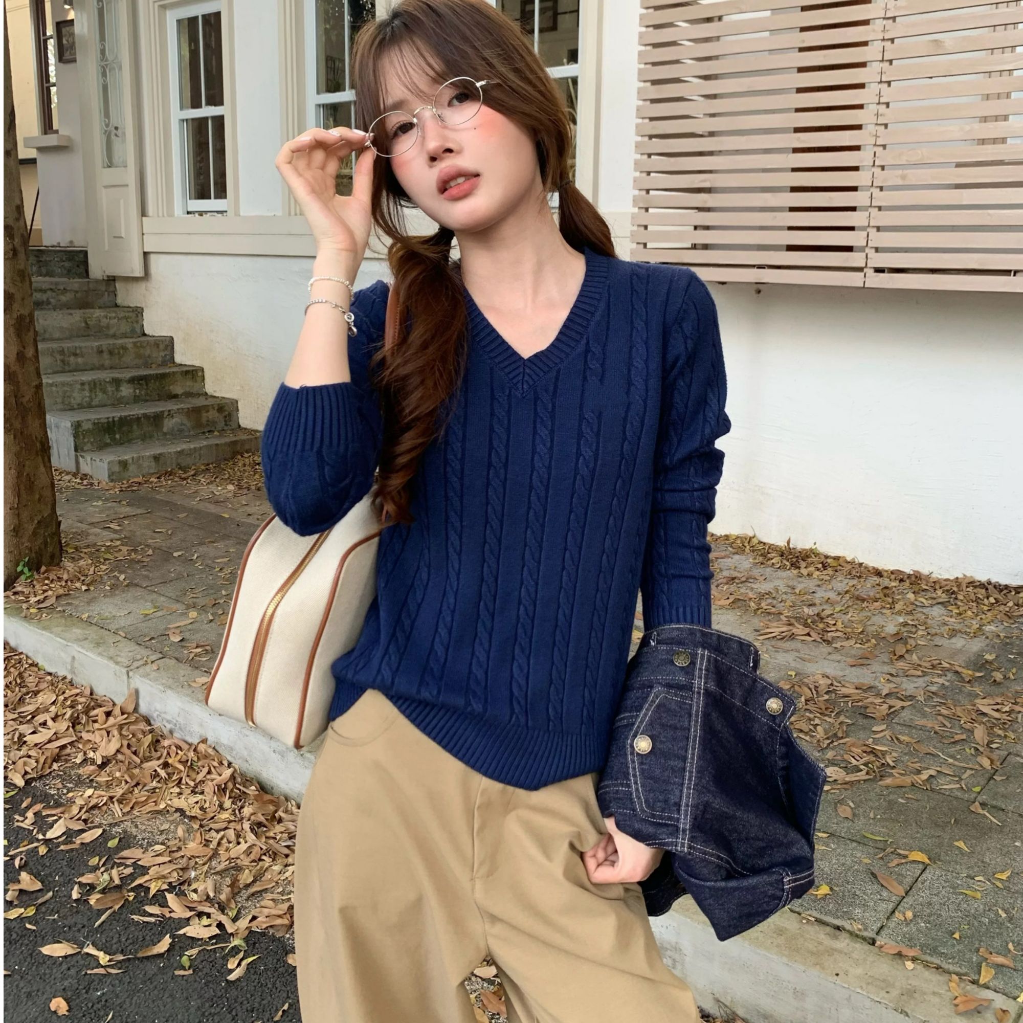 zy-小马刺绣新款大麻花《长袖V领》针织绞花编结毛衣 约280克全棉