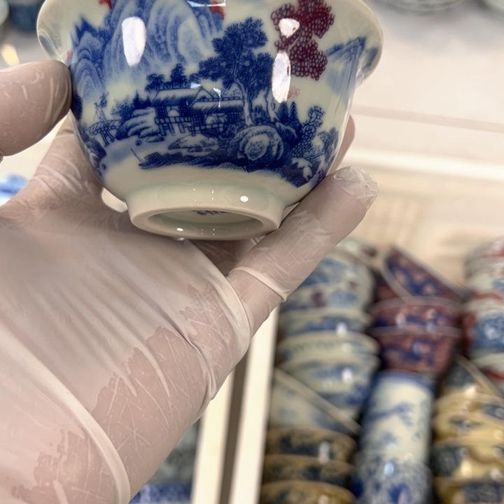 瓷片白青花富春山居图压手杯主人杯全品