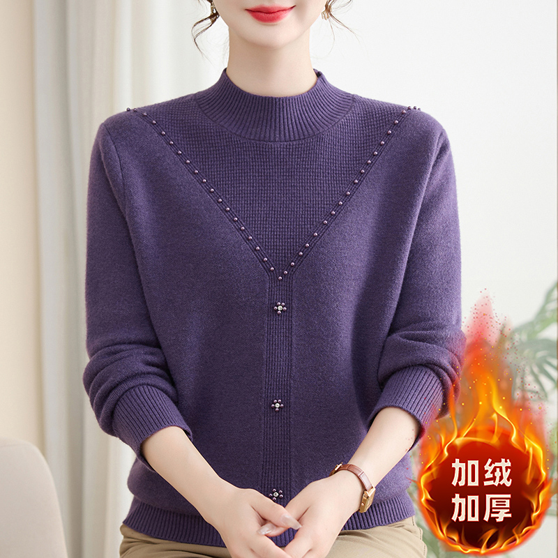 冬季新款中老年妈妈宽松针织打底衫修身时尚舒适套头半高领上衣