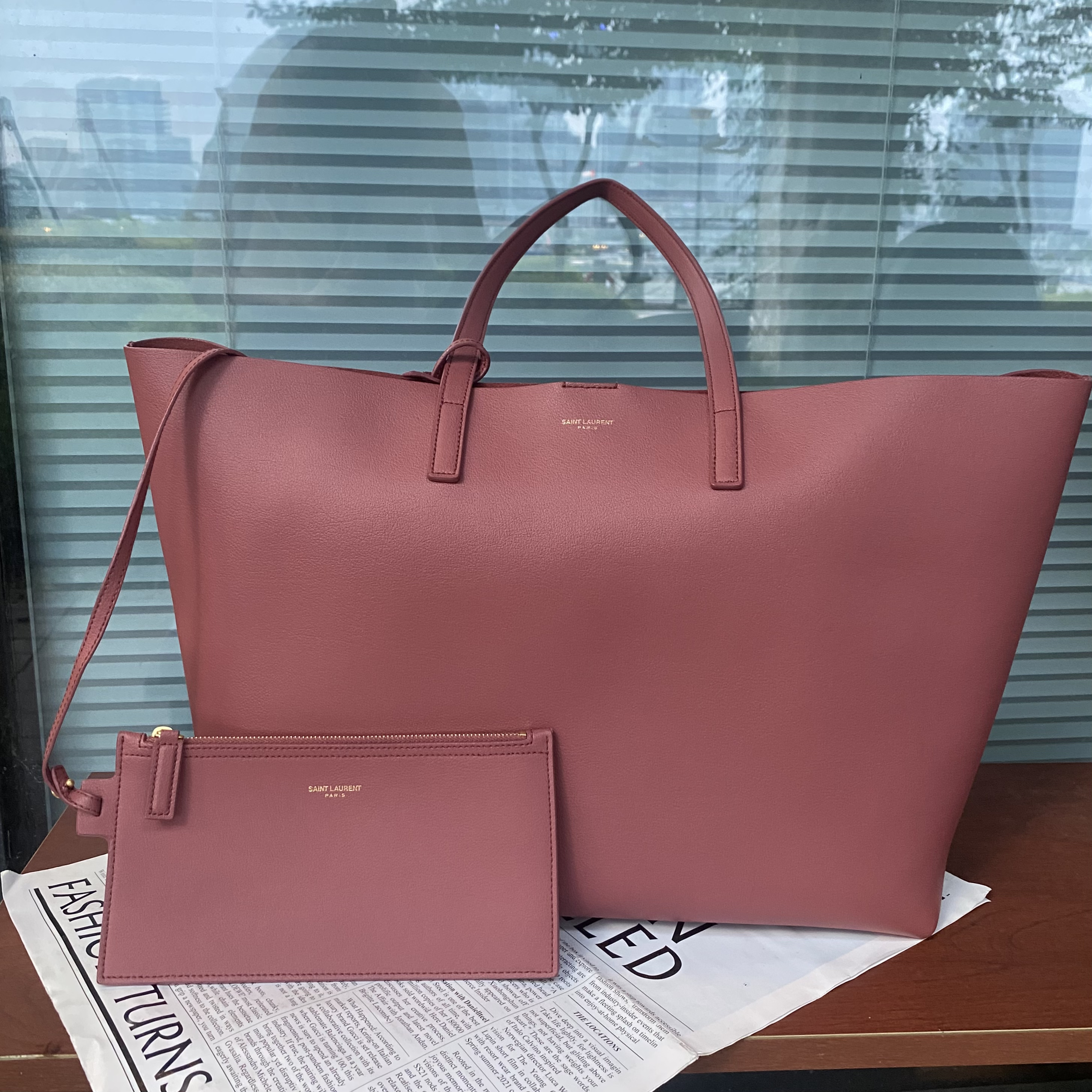 99新 YSL/圣罗兰 豆沙色牛皮托特子母包单肩包