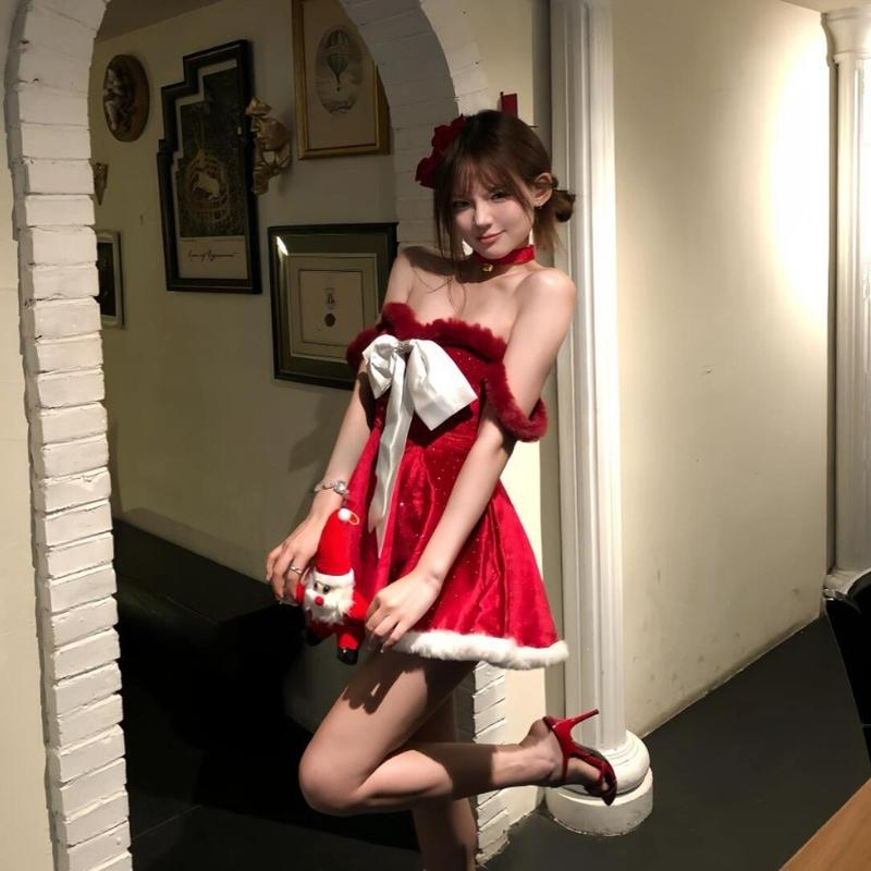 圣诞晚会最靓少女圣诞夜宴原创大蝴蝶结抹胸红色闪闪彭彭公主裙