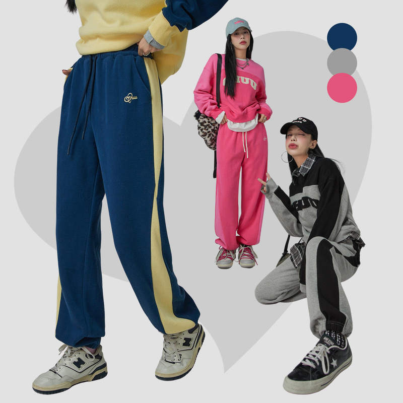 【陈嘉尔专属】CHUU撞色拼接长裤字母束脚裤松紧腰系带休闲裤-Q