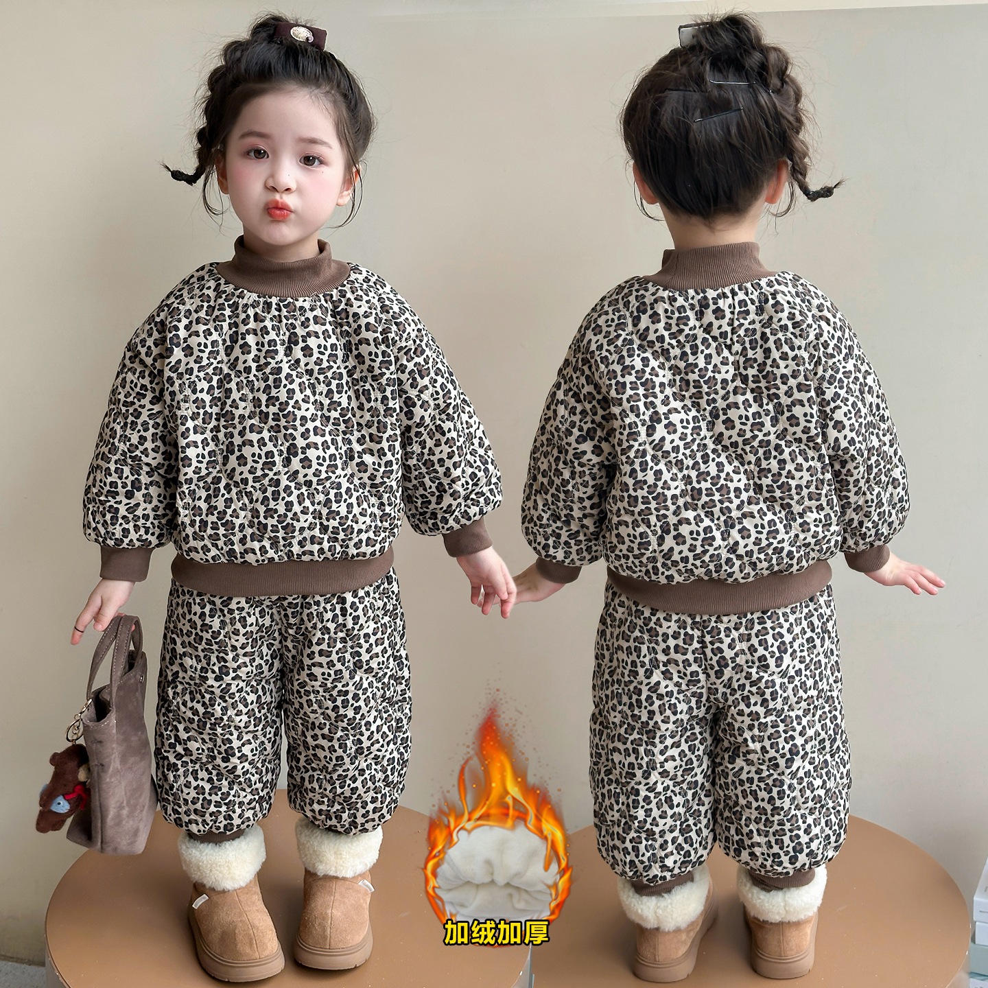 【洋气萌娃】女童加棉加绒棉服套装2025秋冬新款韩版洋气豹纹两件套