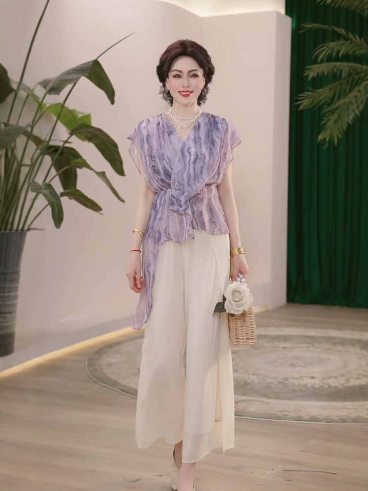 【纪朵研】6001薄款V领气质衬衣两件套2025夏季新款收腰显瘦套装女