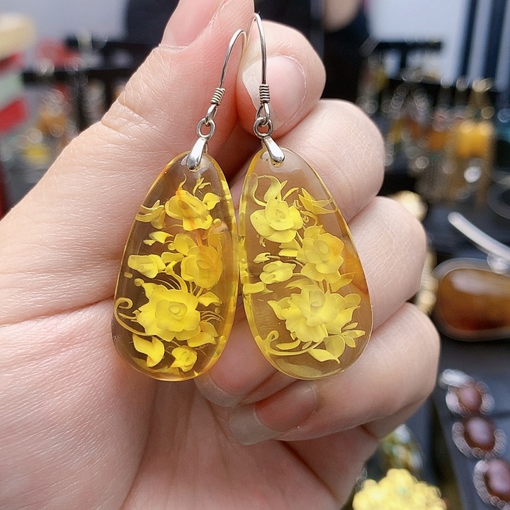 琥珀裸石银S925镶嵌耳坠