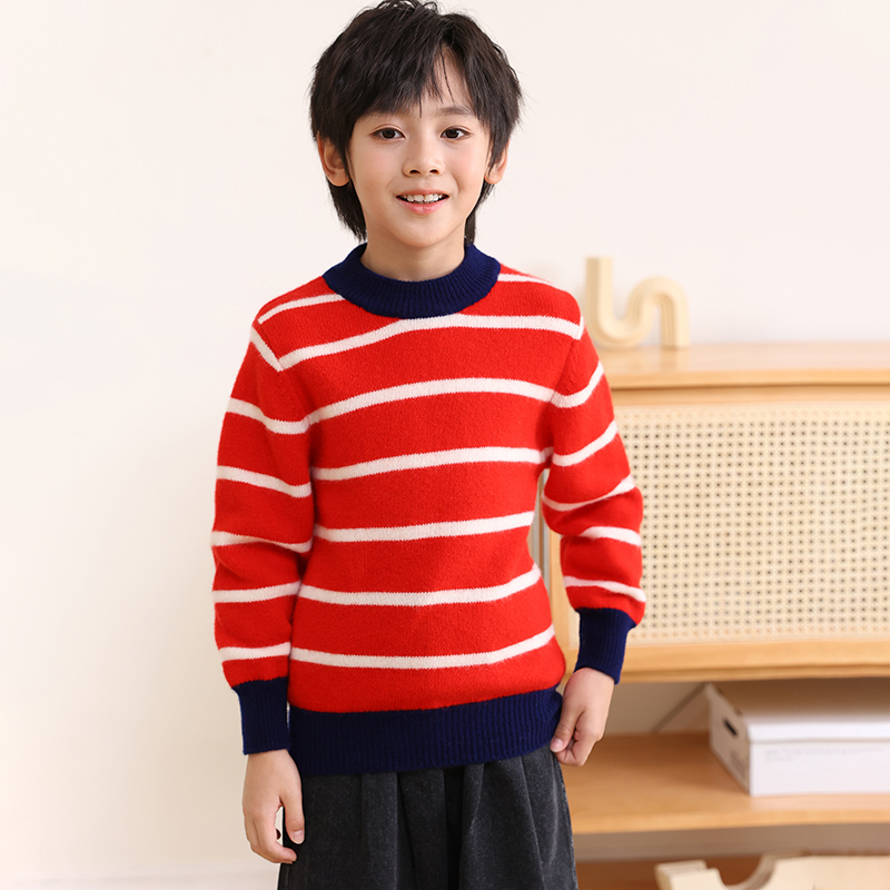 (T34)100%羊毛七针双股加厚儿童圆领撞色条纹羊毛休闲保暖打底衫