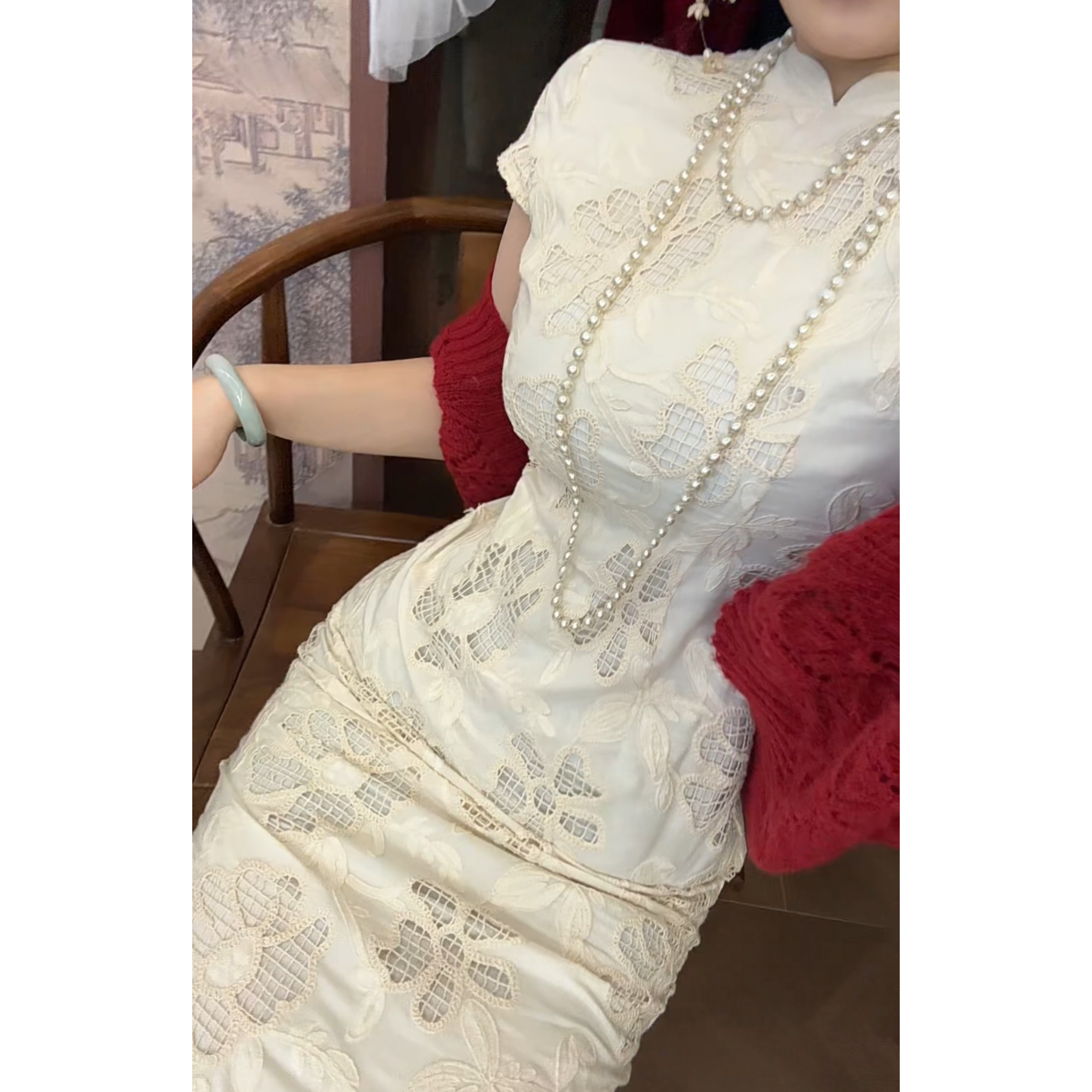 肆意【白月】新中式中国风蕾丝提花拼接改良修身收腰优雅旗袍连衣裙