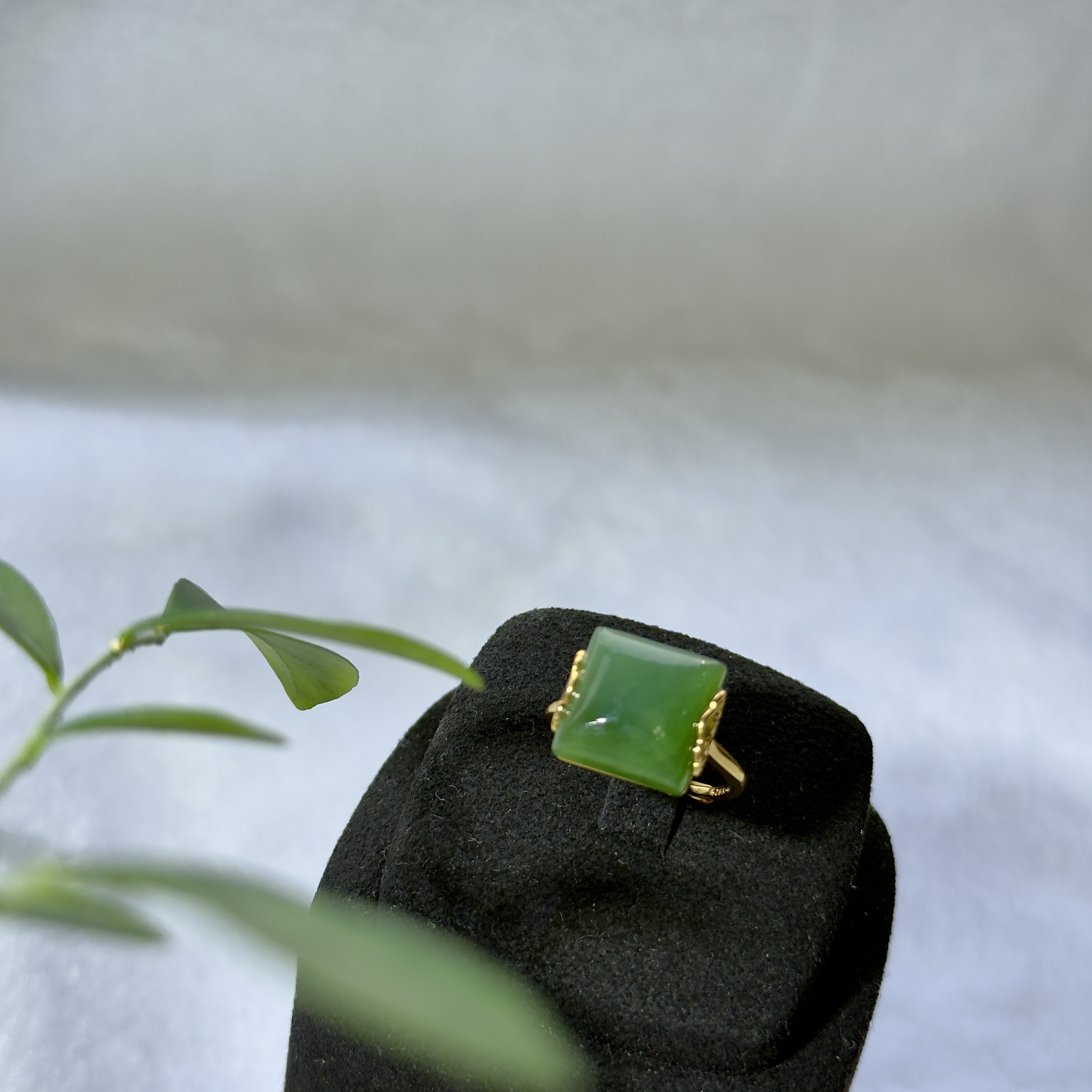 【圆润珠宝】s925银镶和田碧玉方糖可调节戒指