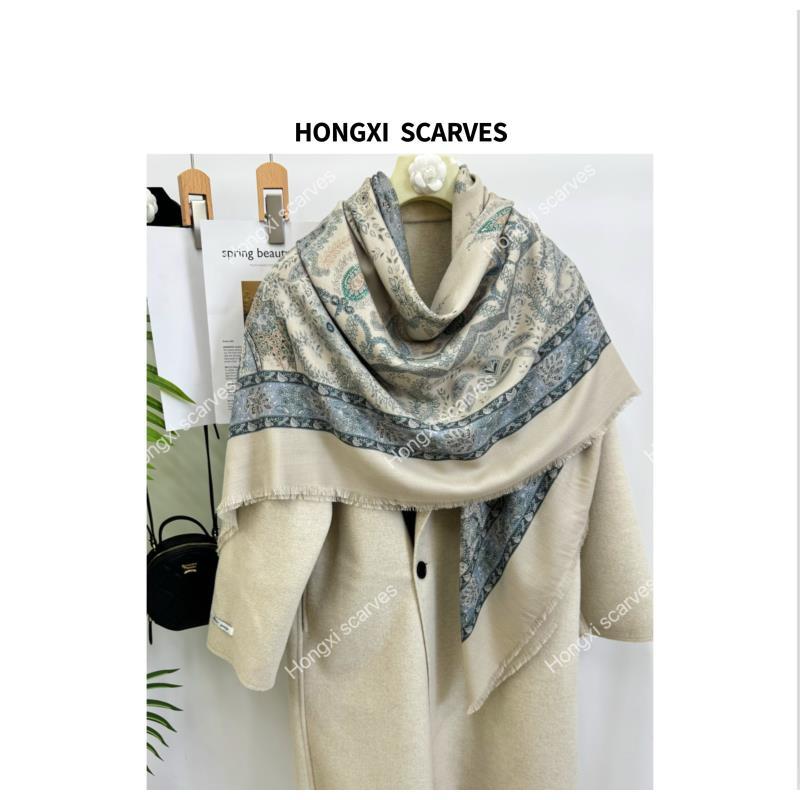 专属Hongxi Scarves/鸿晰丝巾丝毛lp钻石纹雾霾蓝复古腰果135方巾