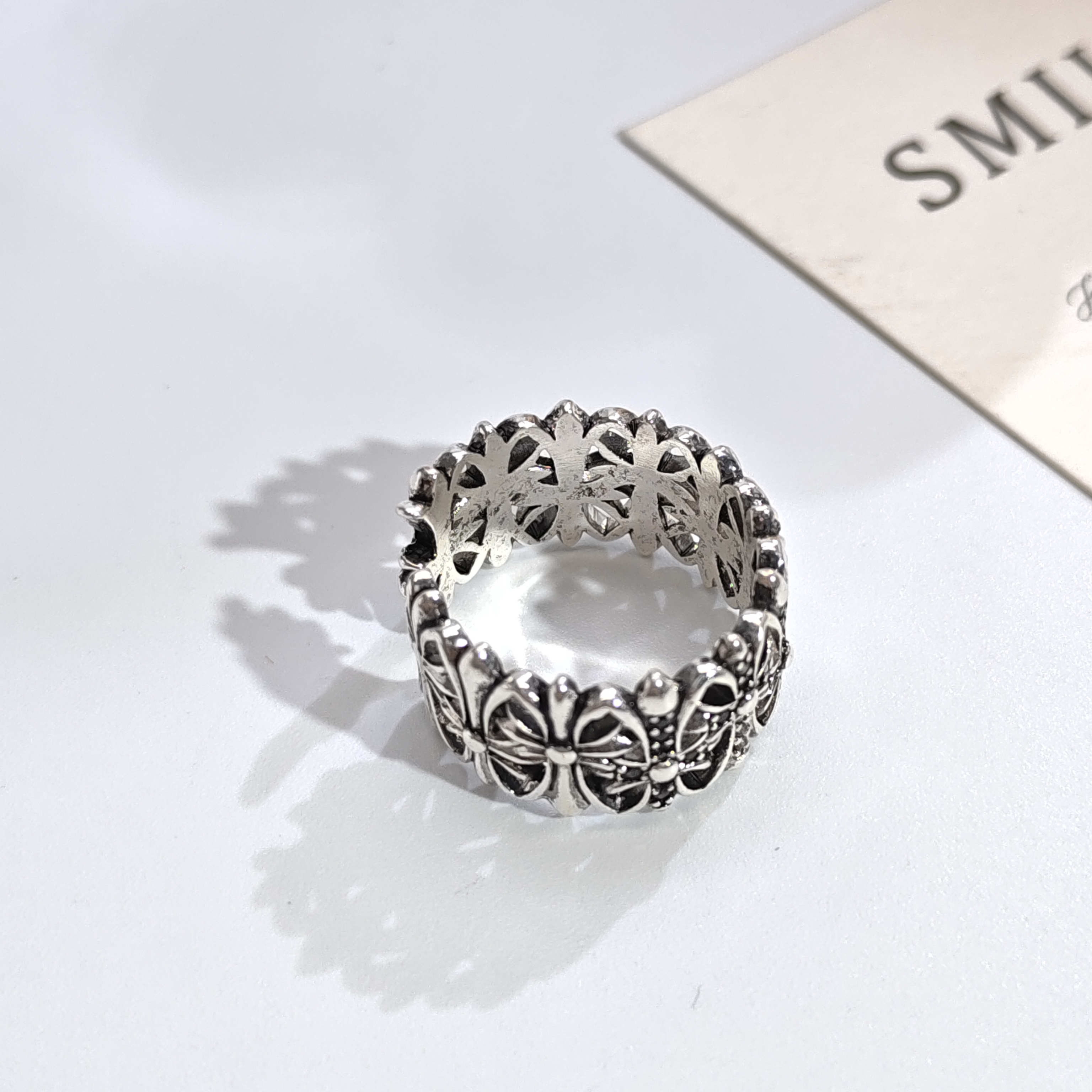 铜合金锆石戒指 06604小众复古做旧设计感十字花镂空开口戒指