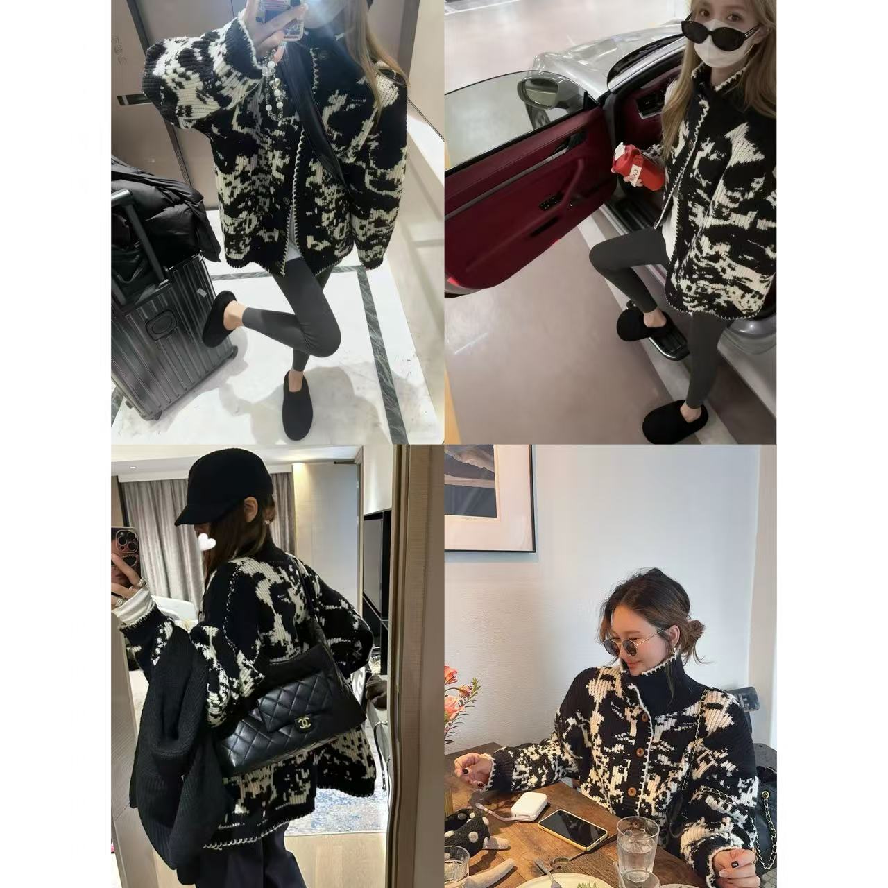 徐秋阳 黑白提花开衫  慵懒风复古减龄百搭提花翻领毛衣外套44125