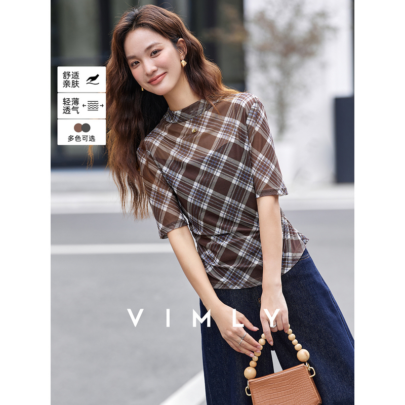 梵希蔓复古格子半高领t恤女秋修身显瘦证肩上衣A2863