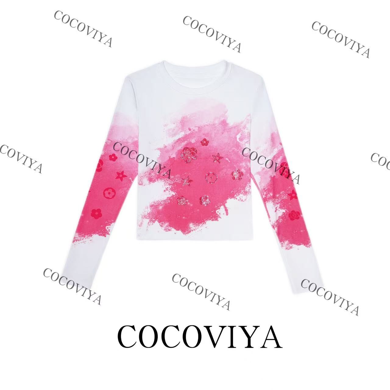 COCOVIYA【C】2025粉韵水墨星花艺术长袖T恤遮肉显瘦上衣26C-858