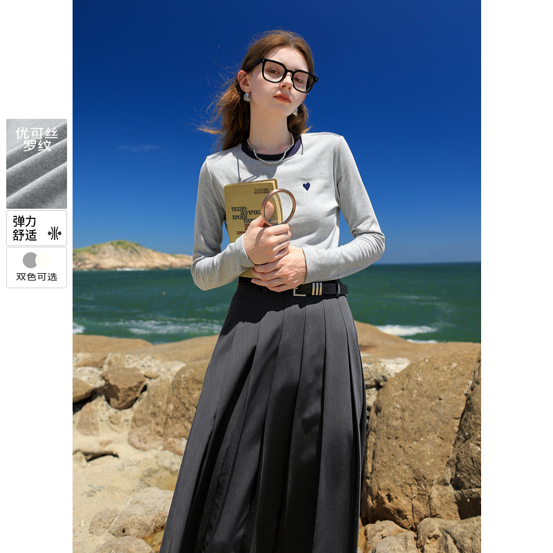 【品牌福利】三彩2024冬季新款罗纹磨毛T恤撞色圆领爱心刺绣dbx