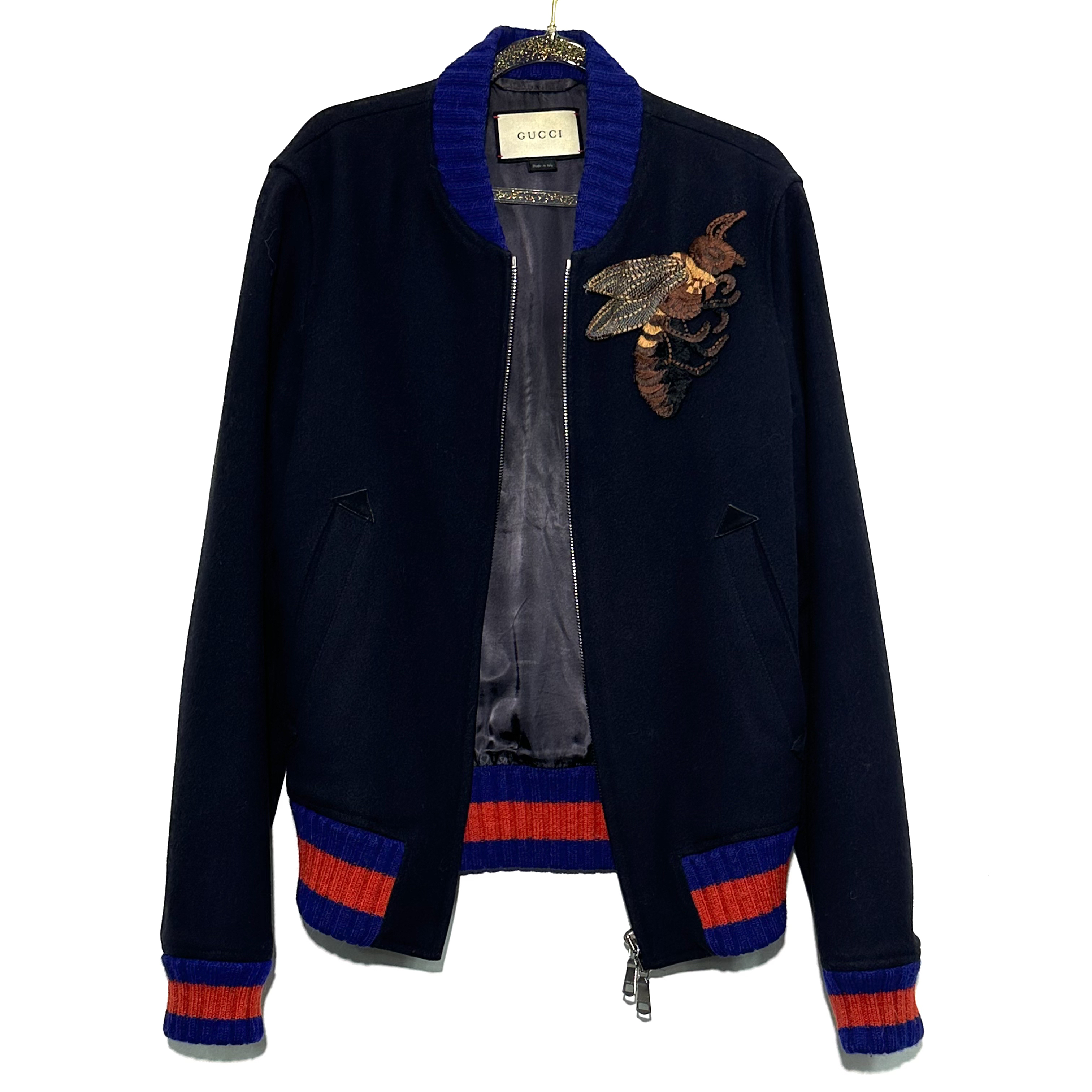 99新 GUCCI/古驰 44码 刺绣图案黑色棒球服外套 0705