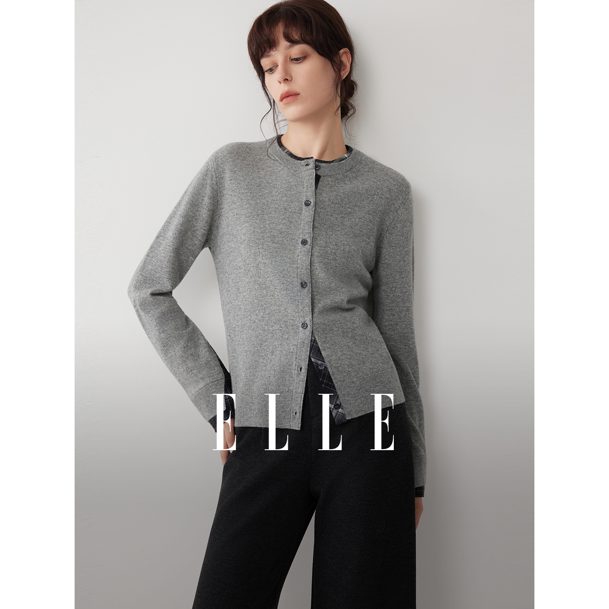 【100%绵羊毛】ELLE女装格雷系针织开衫25冬季新款毛衣EM53272