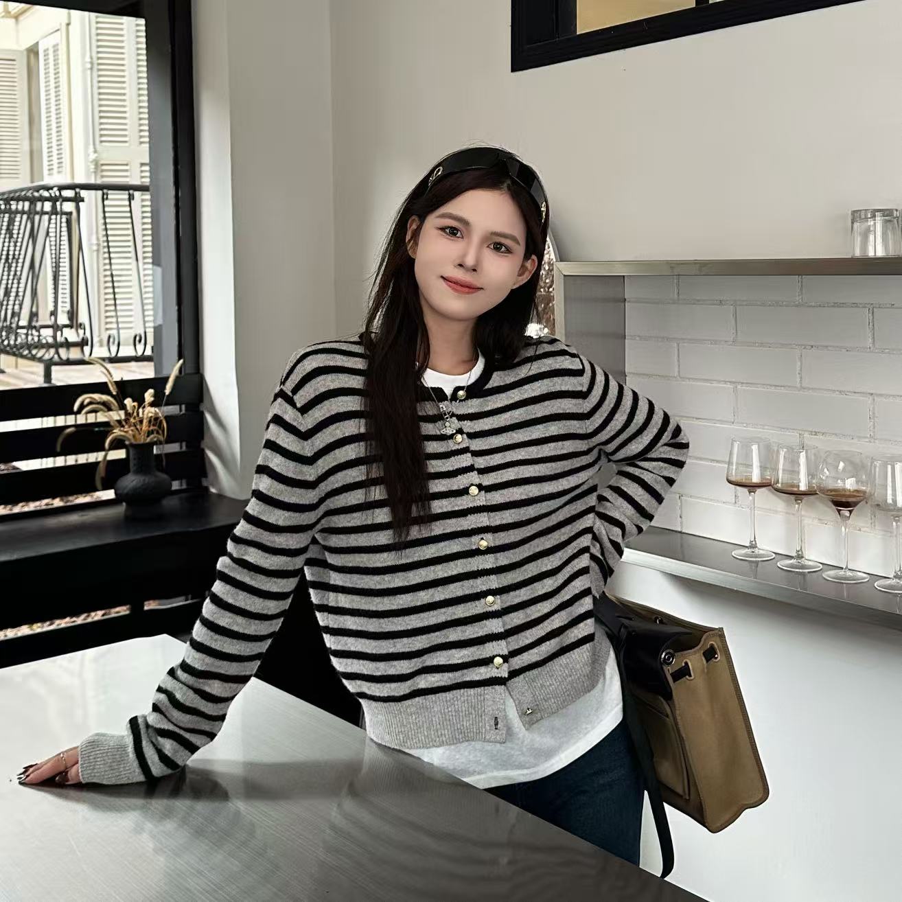 Yihouse【100%羊毛】韩系简约撞色条纹羊毛软糯保暖针织开衫Y8608