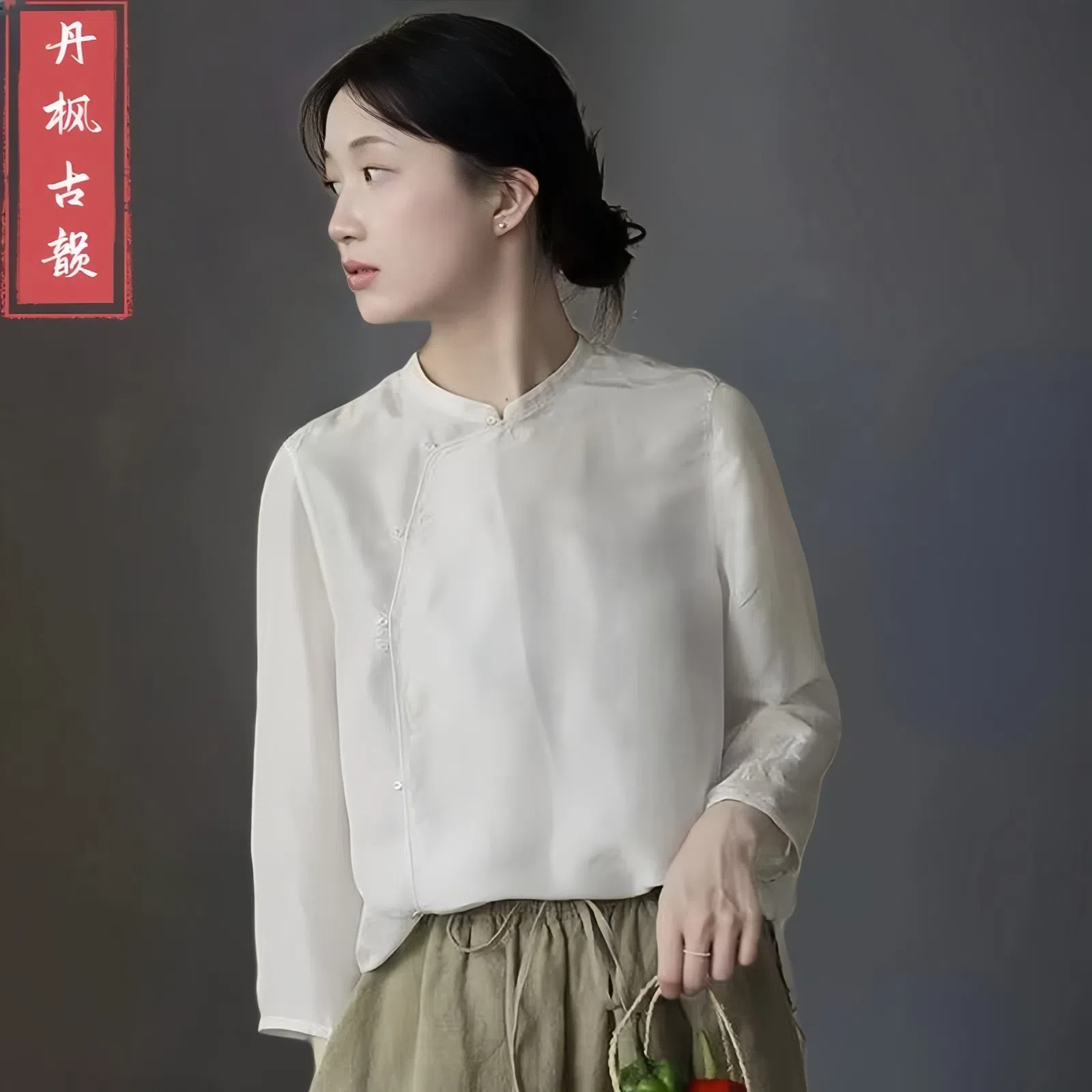 2025春夏新中式国风七分袖衬衫女小立领宽松显瘦复古开衫纯色上衣