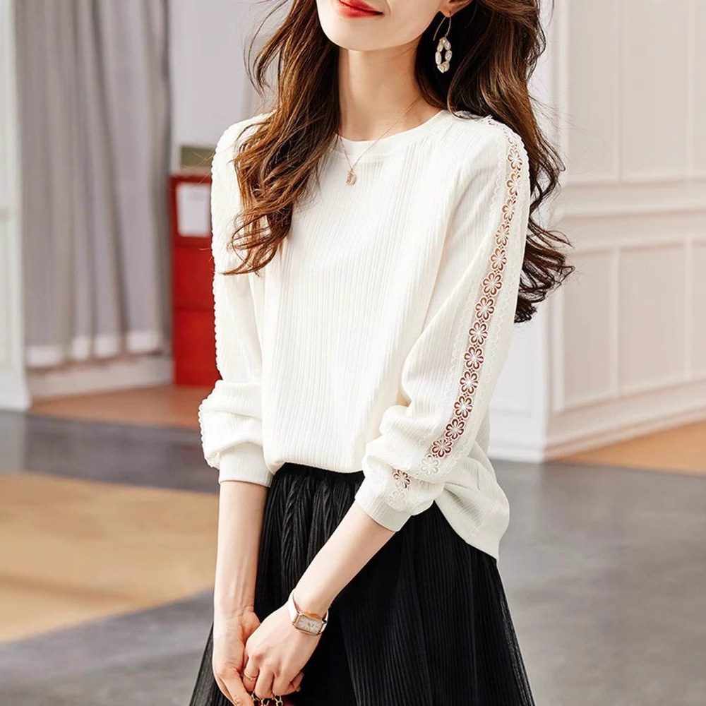 立领圆领镂空长袖恤女秋季年秋装新款宽松女士衬衣雪纺显瘦上衣