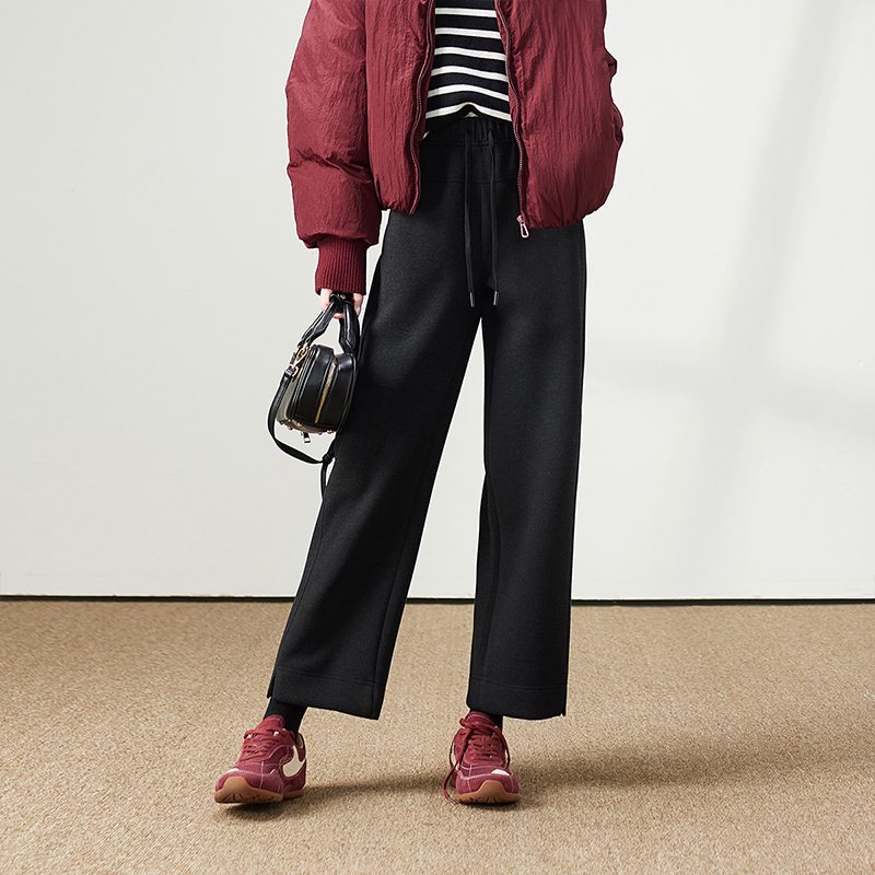 索菲丝尔微开叉直筒裤女2025冬季新款加厚保暖休闲裤含羊毛541021