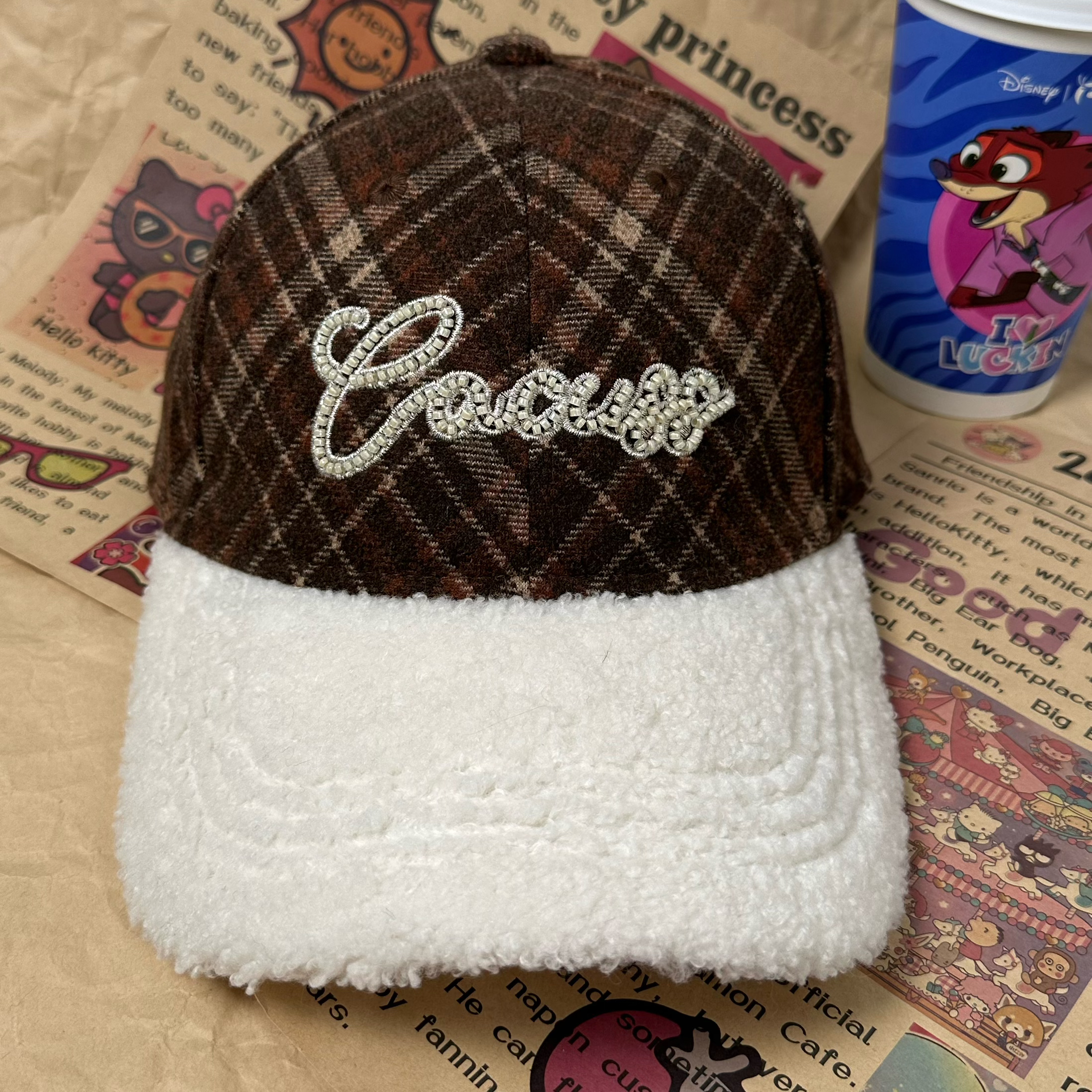 秋冬格子字母保暖毛绒帽子冬季可爱棒球帽可爱ins潮F013