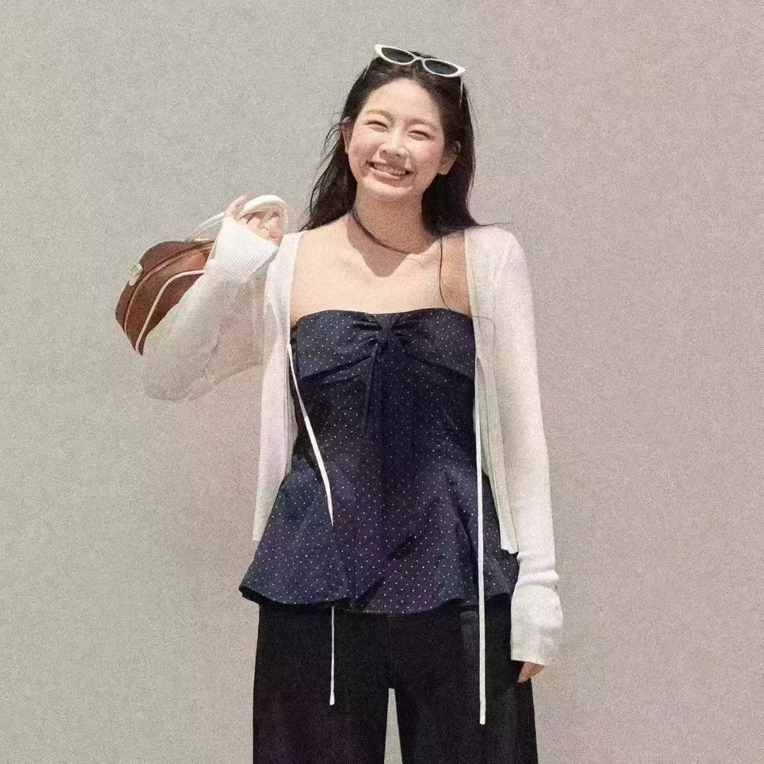 ～（姐姐家）微胖妹妹甜辣风波点蝴蝶结抹胸套装