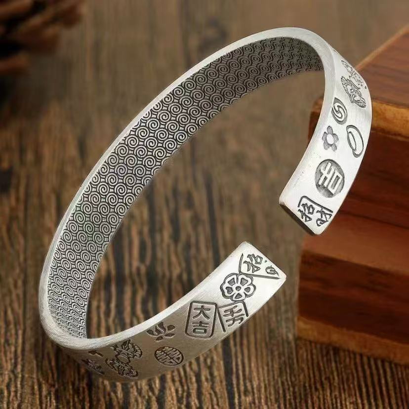 足银手镯 足银实心开口猫咪手镯999纯银国风情侣款