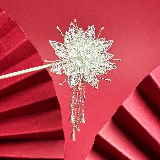 足银银制品 【沉水莲】手工重工足银花丝沉水莲发簪簪子古风复古