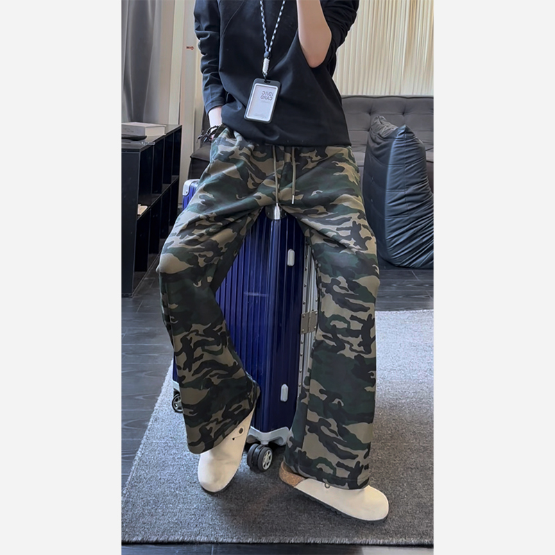 重磅迷彩运动卫裤男秋季美式复古弯刀裤子垂感松弛直筒宽松休闲裤