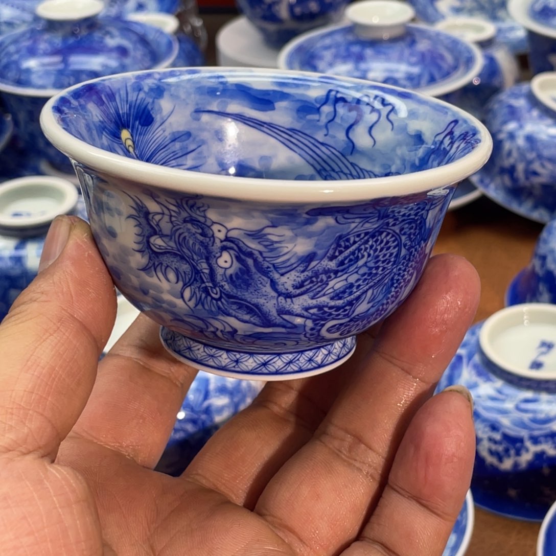 陶月楼 柴窑 内外满绘龙凤压手杯