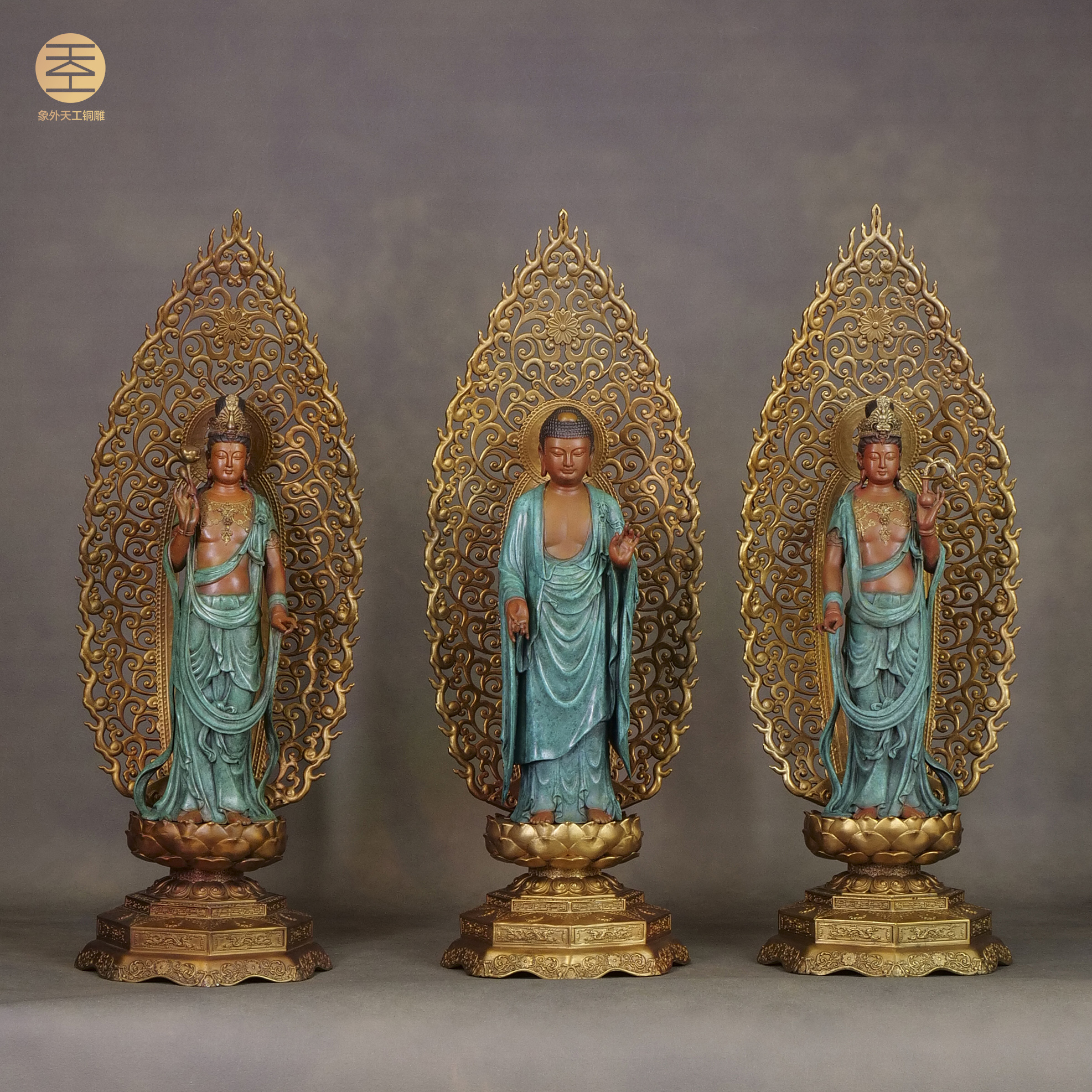 象外天工铜雕原创 阿弥陀佛西方三圣 铜雕塑摆件手工纯雕刻新中式