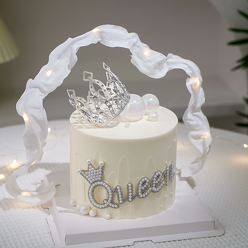 网红女王节蛋糕装饰珍珠queen皇冠插件3.8女神节唯美飘带丝带装扮