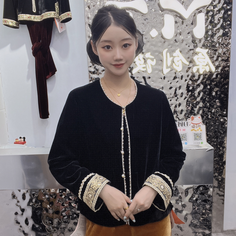 秋季夹珠新中式国风花边长袖丝绒宽松版外套女（衣长约59cm）