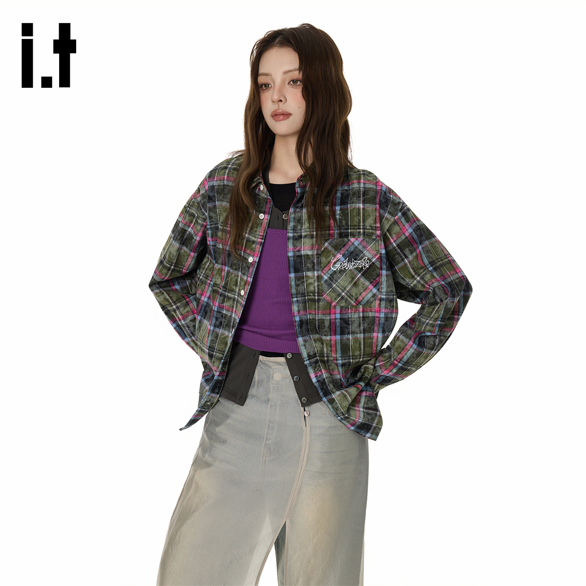 i.t GROUNDZERO情侣款印绣花结合设计感格纹撞色衬衫