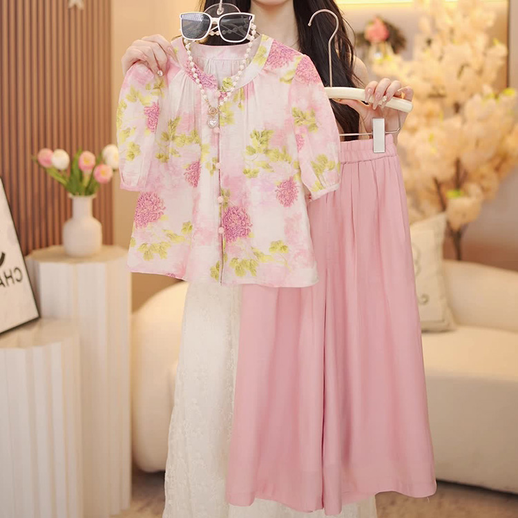 女童夏装2025新款套装韩版洋气碎花泡泡袖娃娃衫休闲阔腿裤两件套