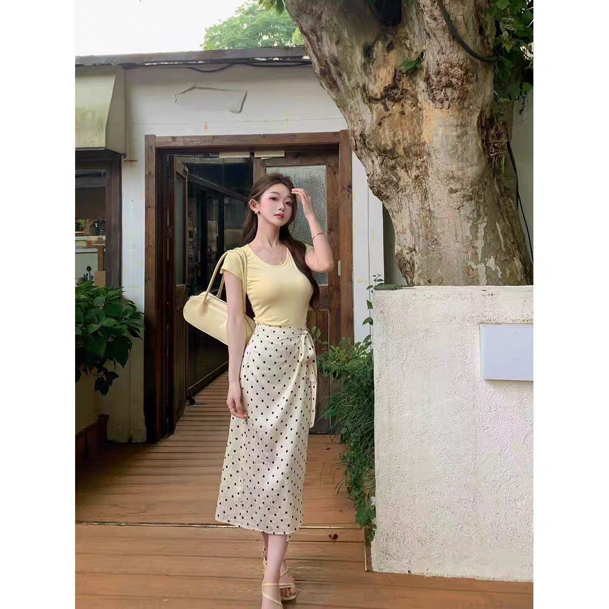 波点连衣裙法式中裙印花韩版中长裙半身裙文艺复古两件套连衣裙