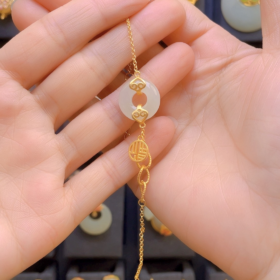 和田玉手链银S925镀金镶嵌