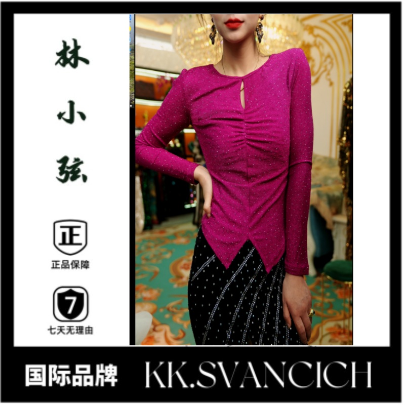 0217设计师褶皱修身立体装饰T恤显瘦常规夏季长袖镂空V领