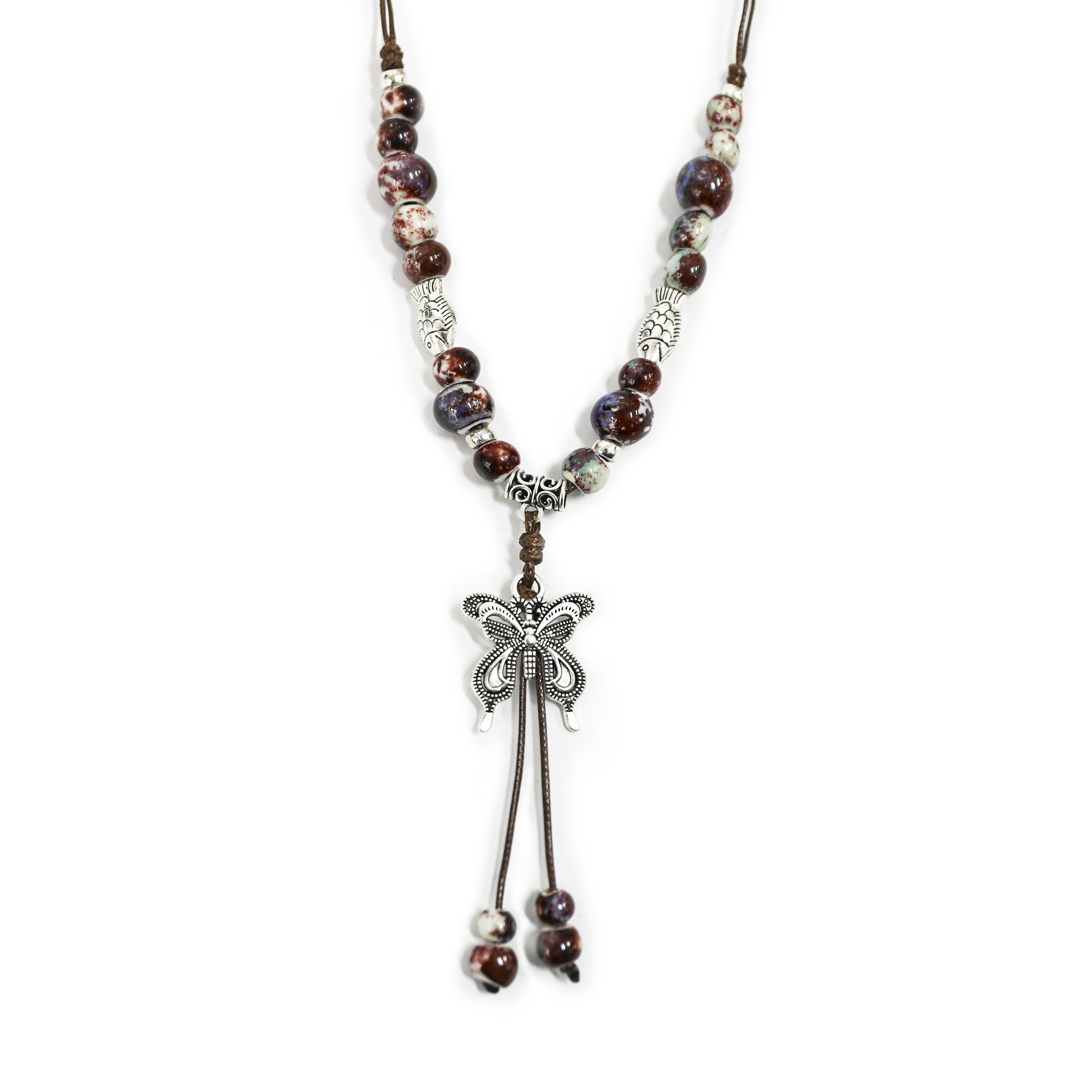 铜陶瓷项链 S123新中式蝴蝶装饰长款项链编织民族复风吊坠